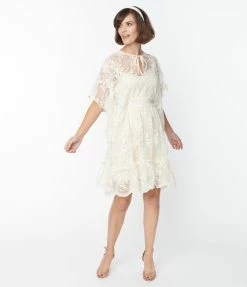 Smak Parlour Smak Parlor Ivory Embroidered Lace Mini Caftan