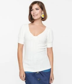 Clothing Smak Parlour White Pointelle Short Sleeve Knit Top