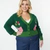 Smak Parlour Plus Size Green & Pink Flower Pocket Cardigan Clothing