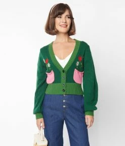 Smak Parlour Green & Pink Flower Pocket Cardigan Clothing