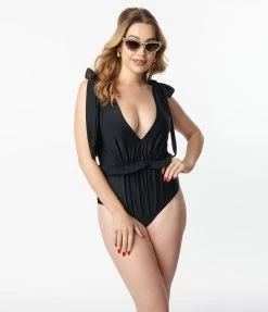 Unique Vintage Black Plunge One Piece Swimsuit Swimwear
