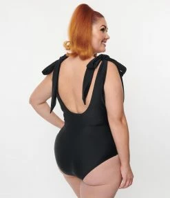 Unique Vintage Plus Size Black Plunge One Piece Swimsuit