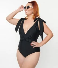 Unique Vintage Plus Size Black Plunge One Piece Swimsuit
