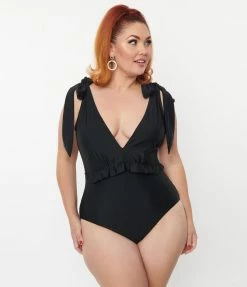 Unique Vintage Plus Size Black Plunge One Piece Swimsuit