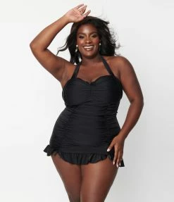 Unique Vintage Plus Size Black Halter Swim Dress Swimwear