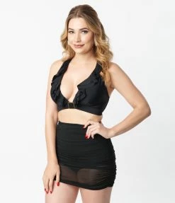 Unique Vintage Black Ruffle Swim Top