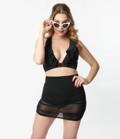 Unique Vintage Black Ruffle Swim Top