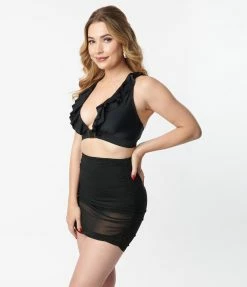 Unique Vintage Black Ruffle Swim Top