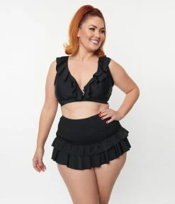Unique Vintage Plus Size Black Ruffle Swim Top