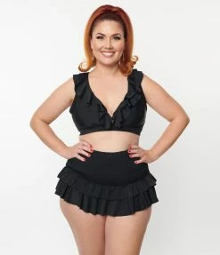 Unique Vintage Plus Size Black Ruffle Swim Top