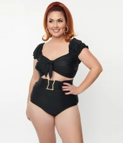 Unique Vintage Plus Size Black Shirred Bow Bandeau Swim Top