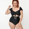 New Arrivals! Unique Vintage Plus Size Black High Waist Belted Swim Bottom