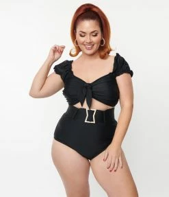 New Arrivals! Unique Vintage Plus Size Black High Waist Belted Swim Bottom