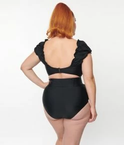 New Arrivals! Unique Vintage Plus Size Black High Waist Belted Swim Bottom