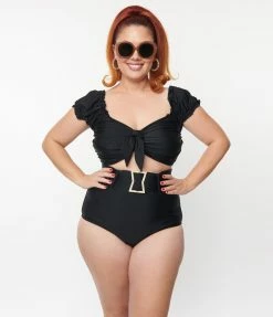 New Arrivals! Unique Vintage Plus Size Black High Waist Belted Swim Bottom