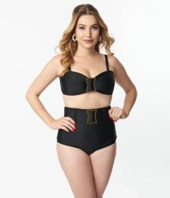 Unique Vintage Black High Waist Belted Swim Bottom Swimwear