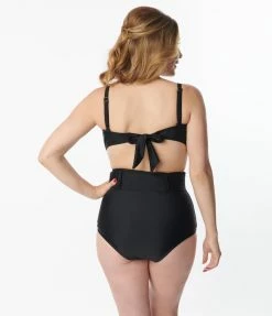 Unique Vintage Black High Waist Belted Swim Bottom Swimwear