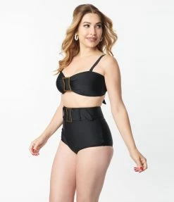 Unique Vintage Black High Waist Belted Swim Bottom Swimwear