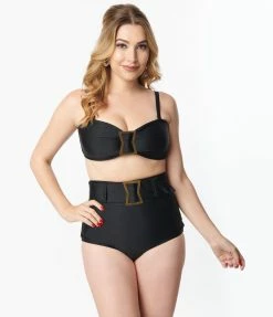 Unique Vintage Black High Waist Belted Swim Bottom Swimwear