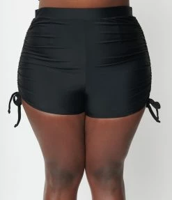 Unique Vintage Plus Size Black Pull Tie Swim Shorts New Arrivals!