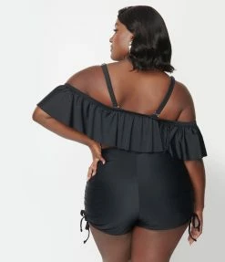 Unique Vintage Plus Size Black Pull Tie Swim Shorts New Arrivals!