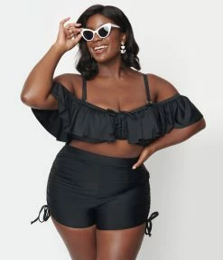 Unique Vintage Plus Size Black Pull Tie Swim Shorts New Arrivals!