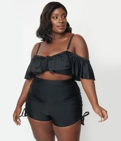 Unique Vintage Plus Size Black Pull Tie Swim Shorts New Arrivals!