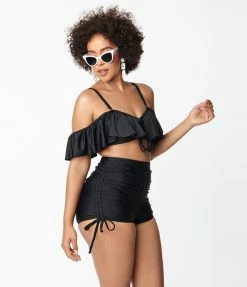 Swimwear Unique Vintage Black Pull Tie Swim Shorts