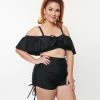 New Arrivals! Unique Vintage Plus Size Black Ruffle Swim Top