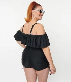 New Arrivals! Unique Vintage Plus Size Black Ruffle Swim Top