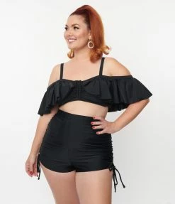 New Arrivals! Unique Vintage Plus Size Black Ruffle Swim Top