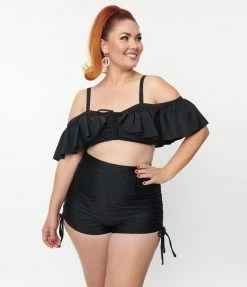New Arrivals! Unique Vintage Plus Size Black Ruffle Swim Top