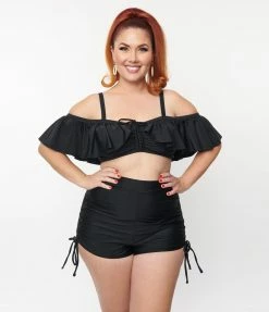 New Arrivals! Unique Vintage Plus Size Black Ruffle Swim Top
