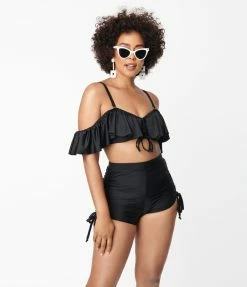 Swimwear Unique Vintage Black Ruffle Swim Top