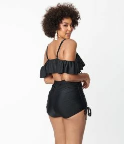 Swimwear Unique Vintage Black Ruffle Swim Top