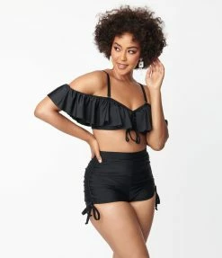 Swimwear Unique Vintage Black Ruffle Swim Top