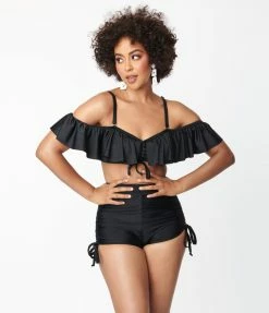 Swimwear Unique Vintage Black Ruffle Swim Top