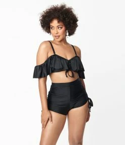 Swimwear Unique Vintage Black Ruffle Swim Top