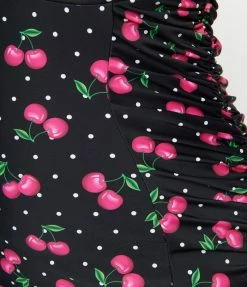 Unique Vintage Plus Size Black & Hot Pink Cherry Pin Dot Corinne Sheath Swimsuit