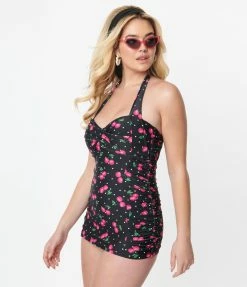Unique Vintage Black & Hot Pink Cherry Pin Dot Corinne Sheath Swimsuit