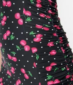 Unique Vintage Black & Hot Pink Cherry Pin Dot Corinne Sheath Swimsuit