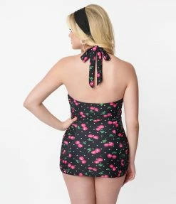 Unique Vintage Black & Hot Pink Cherry Pin Dot Corinne Sheath Swimsuit