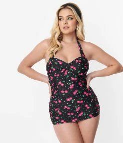 Unique Vintage Black & Hot Pink Cherry Pin Dot Corinne Sheath Swimsuit