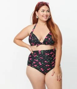 New Arrivals! Unique Vintage Plus Size Black & Hot Pink Cherry Pin Dot Monroe Swim Top
