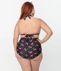 New Arrivals! Unique Vintage Plus Size Black & Hot Pink Cherry Pin Dot Monroe Swim Top