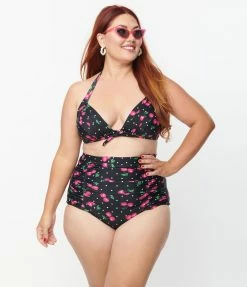 New Arrivals! Unique Vintage Plus Size Black & Hot Pink Cherry Pin Dot Monroe Swim Top