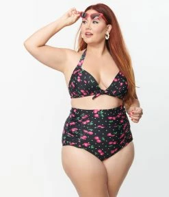 New Arrivals! Unique Vintage Plus Size Black & Hot Pink Cherry Pin Dot Monroe Swim Top
