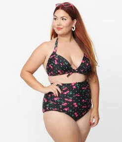 New Arrivals! Unique Vintage Plus Size Black & Hot Pink Cherry Pin Dot Monroe Swim Top