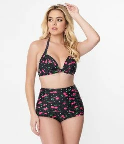 Unique Vintage Black & Hot Pink Cherry Pin Dot Monroe Swim Top