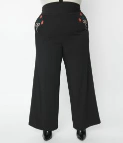 Unique Vintage Plus Size Black & Floral Embroidery High Waist Pants Clothing